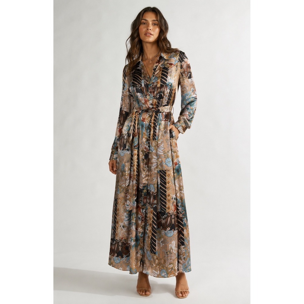 ZL Satin Boho Patchwork Paisley Floral Maxi Shirt Dress Long Sleeve Size Medium